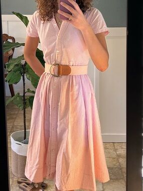 Lands' End Pink Striped Button-Front Midi Dress